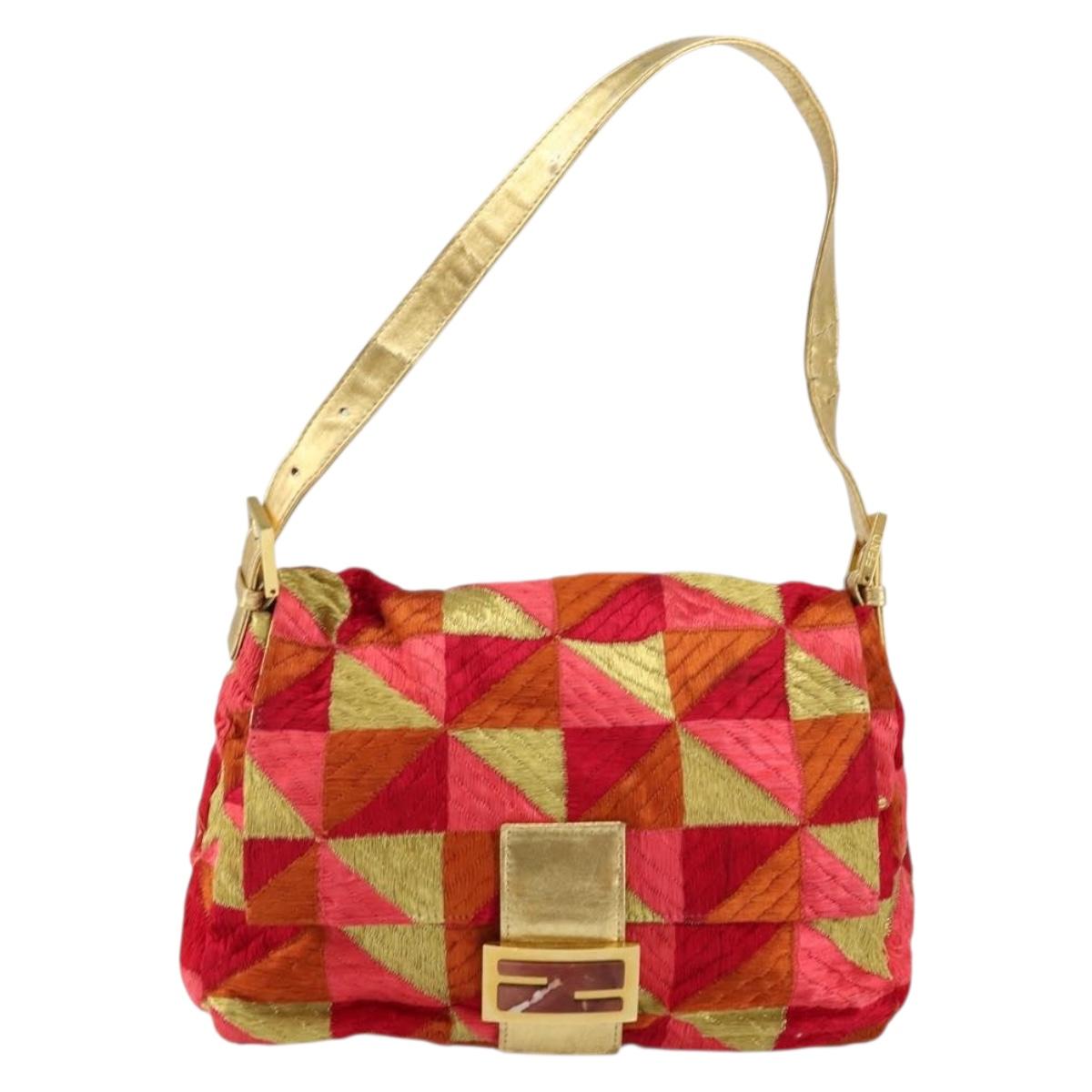 FENDI Mamma Baguette Shoulder Bag Satin Red Gold Auth 144979