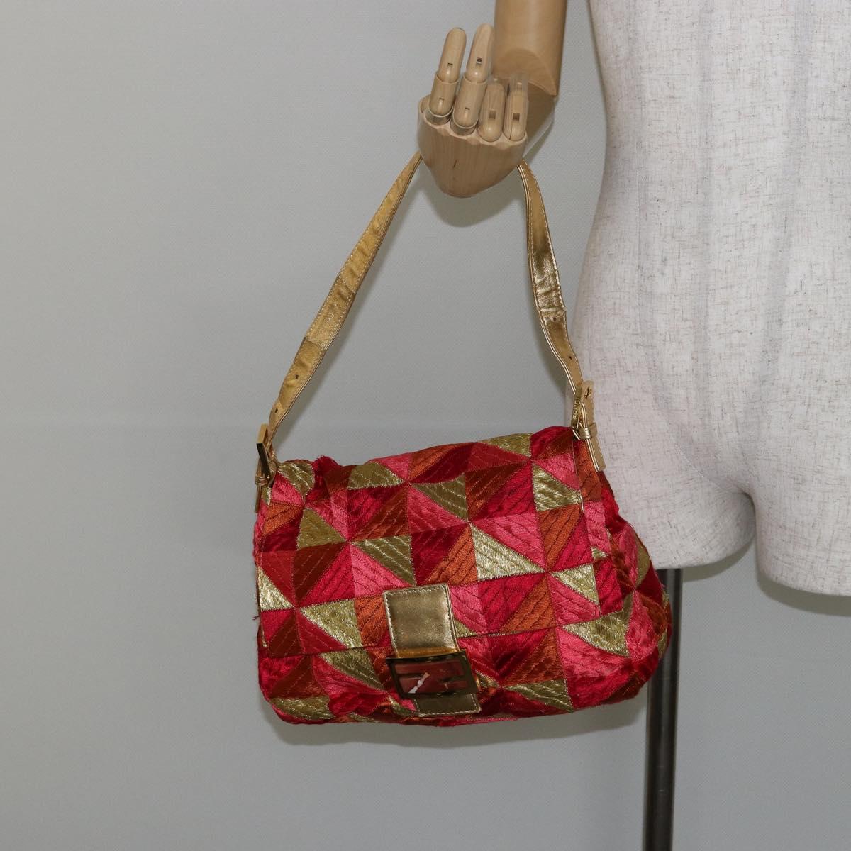 FENDI Mamma Baguette Shoulder Bag Satin Red Gold Auth 144979