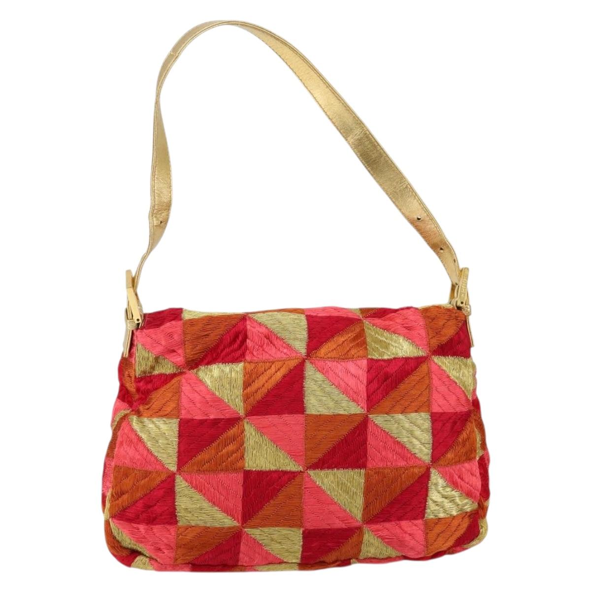 FENDI Mamma Baguette Shoulder Bag Satin Red Gold Auth 144979