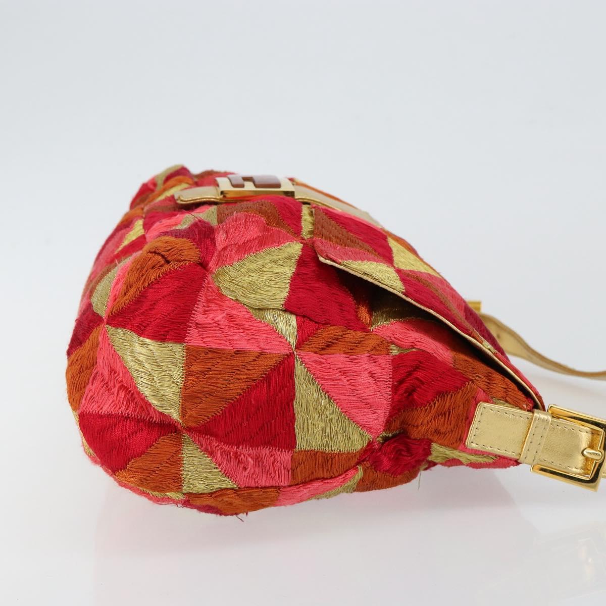 FENDI Mamma Baguette Shoulder Bag Satin Red Gold Auth 144979