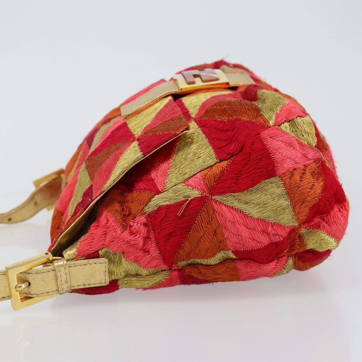 FENDI Mamma Baguette Shoulder Bag Satin Red Gold Auth 144979