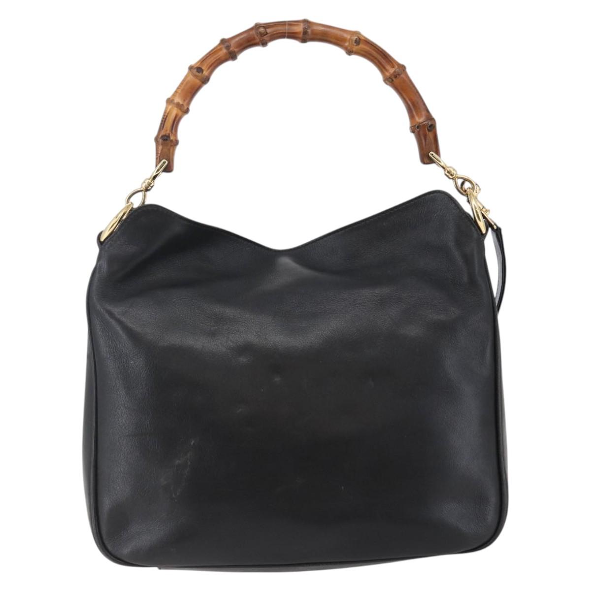 GUCCI Bamboo Shoulder Bag Leather 2way Black Gold 001 1705 1638 Auth 145008