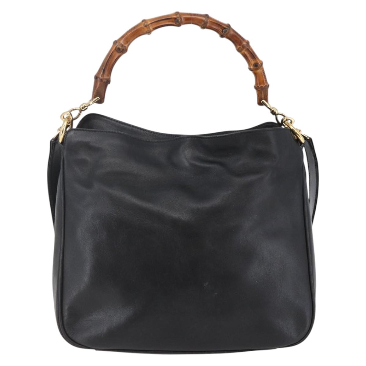 GUCCI Bamboo Shoulder Bag Leather 2way Black Gold 001 1705 1638 Auth 145008