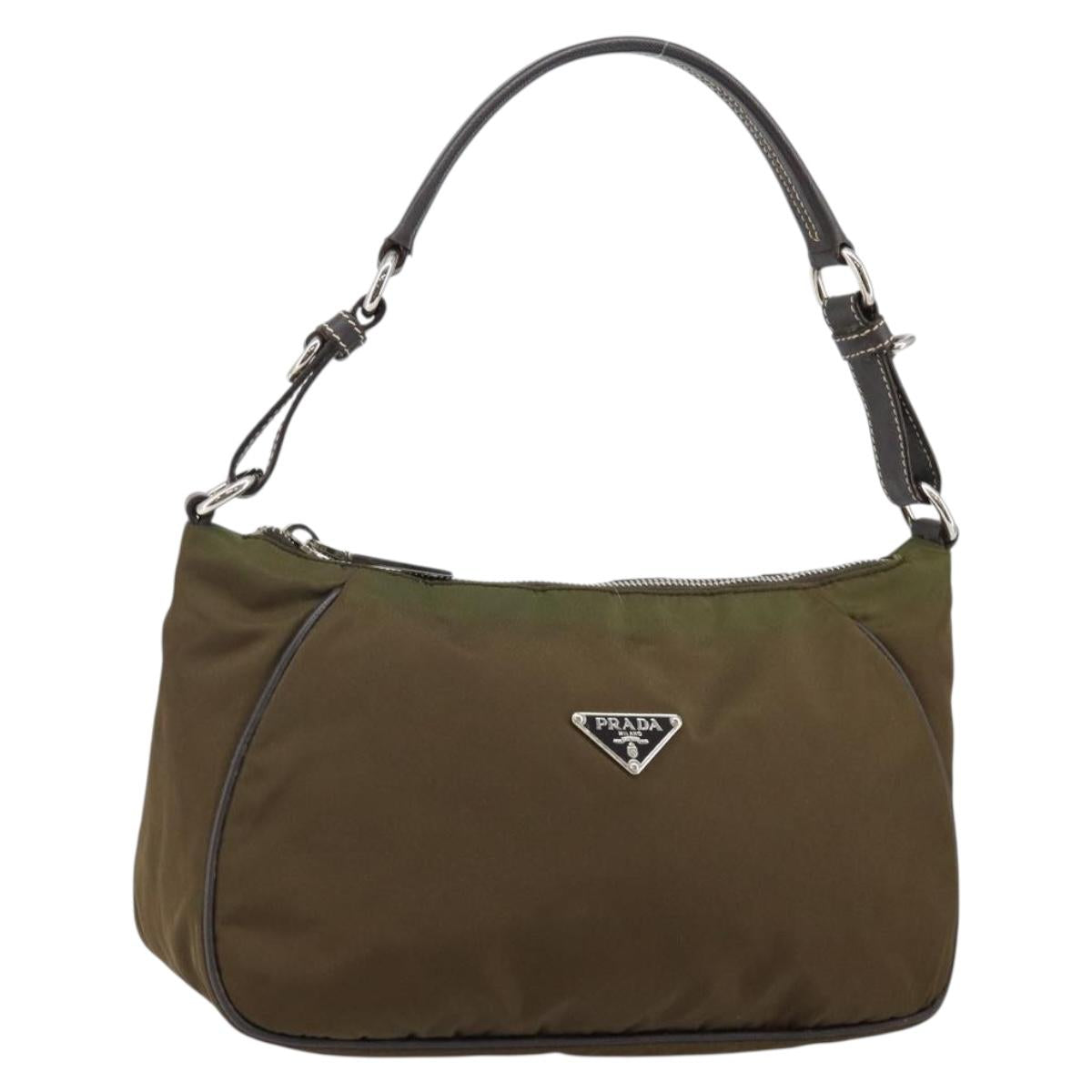 PRADA Shoulder Bag Nylon Khaki Silver Auth 145010