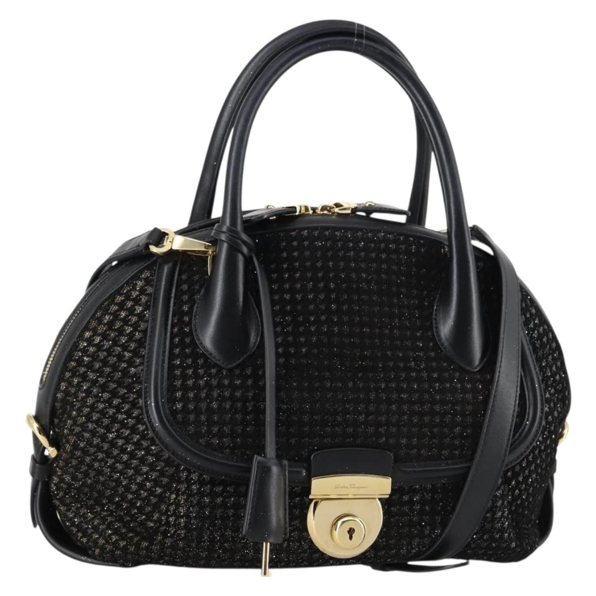 Salvatore Ferragamo Gancini Hand Bag tweed Black Gold Auth 145029