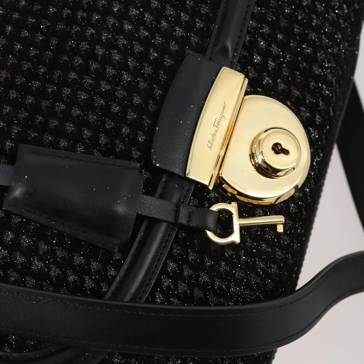 Salvatore Ferragamo Gancini Hand Bag tweed Black Gold Auth 145029