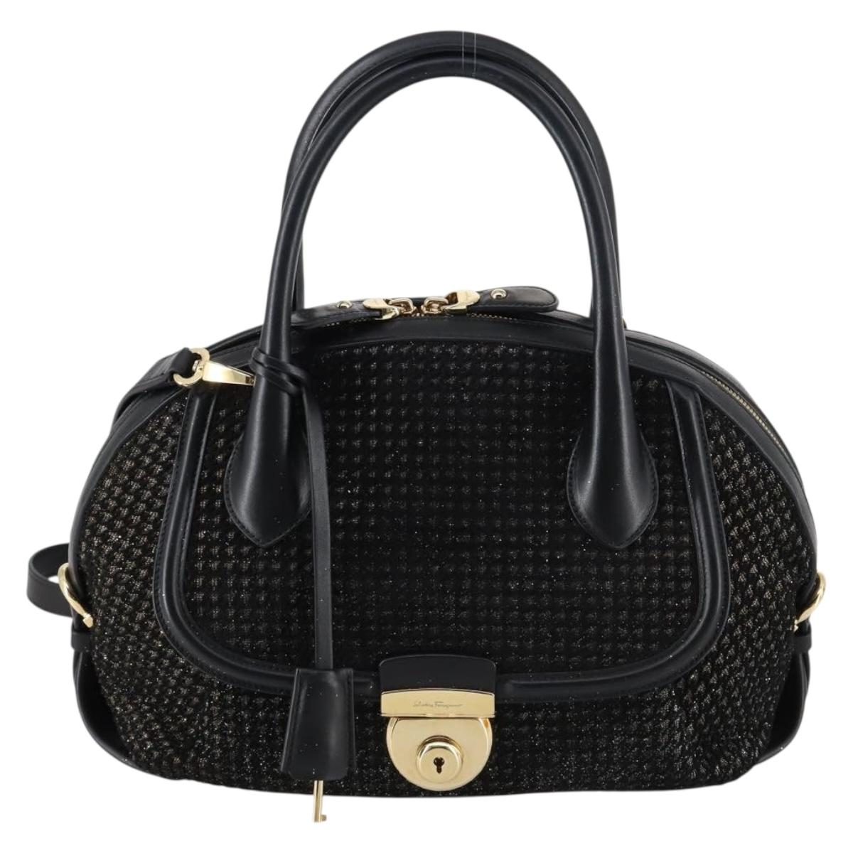 Salvatore Ferragamo Gancini Hand Bag tweed Black Gold Auth 145029