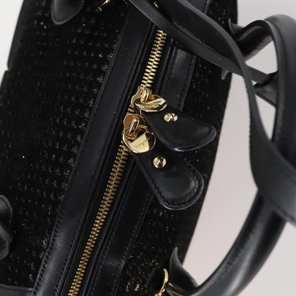 Salvatore Ferragamo Gancini Hand Bag tweed Black Gold Auth 145029