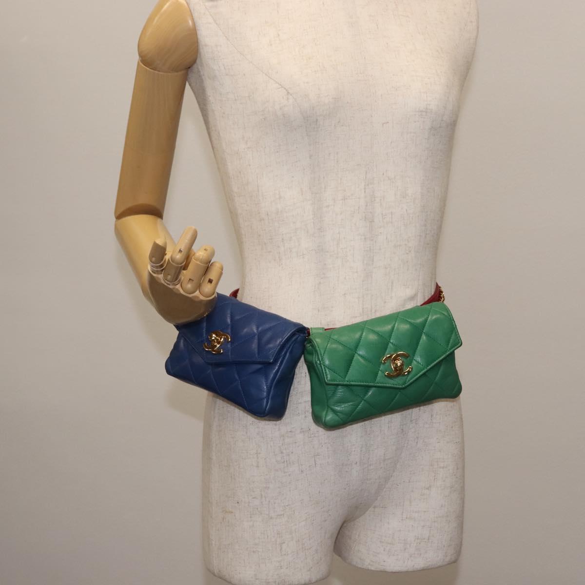 CHANEL Matelasse Waist Bag Lamb Skin Multicolor Gold CC Auth 145072