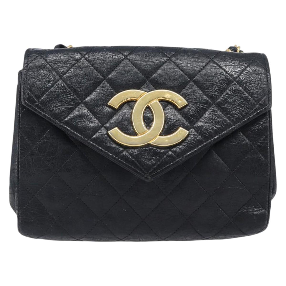 CHANEL Matelasse Chain Shoulder Bag Leather Black Gold CC Auth 145073