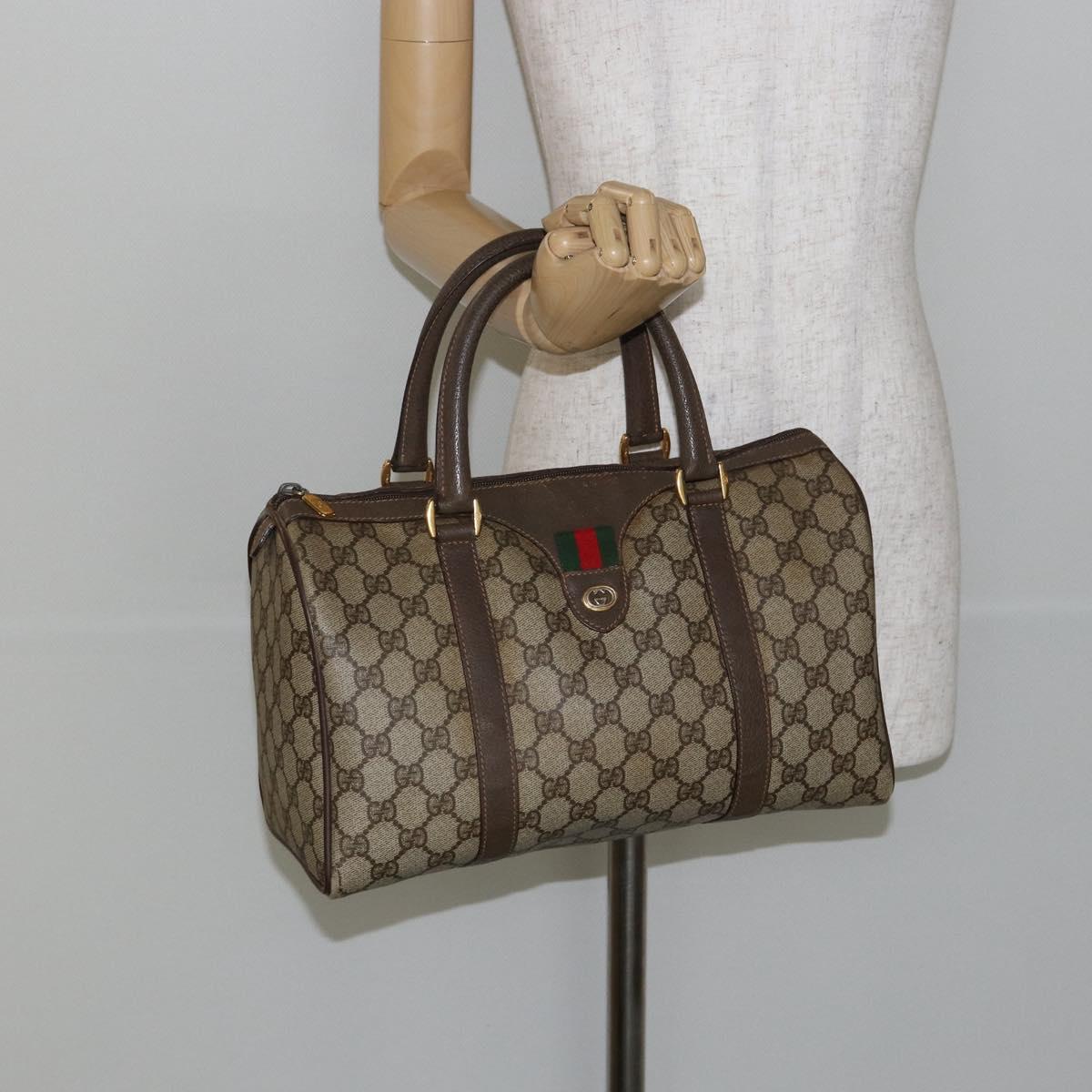 GUCCI GG Supreme Web Sherry Line Boston Bag PVC Beige Gold Auth 145080