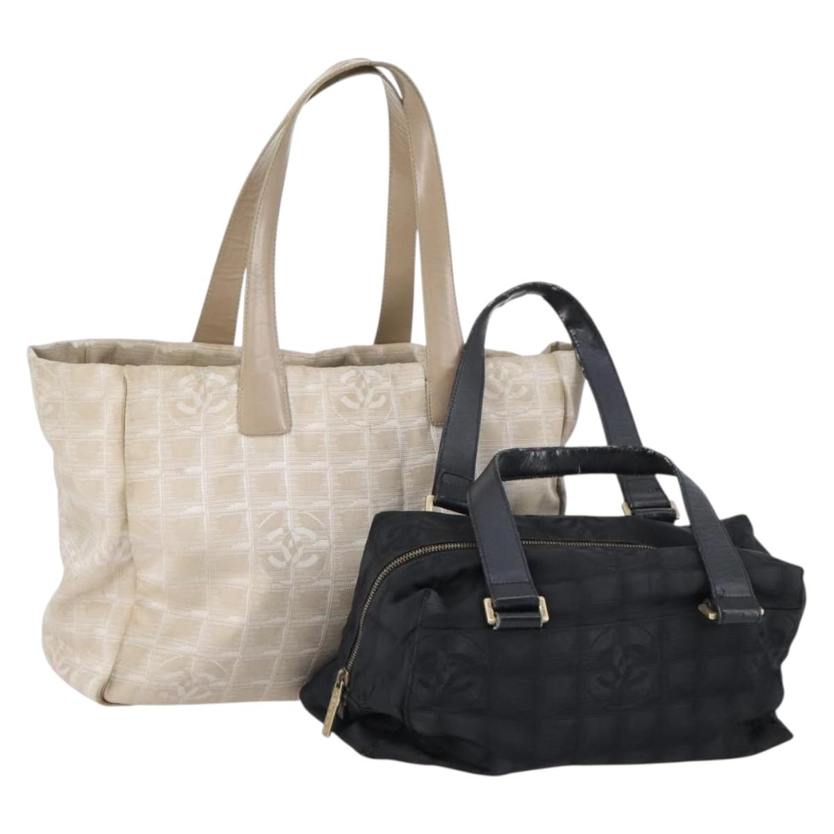 CHANEL New Travel Line Tote Bag Nylon 2Set Black Beige CC Auth 145095