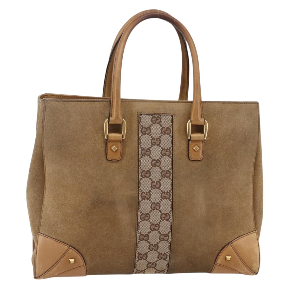 GUCCI GG Canvas Tote Bag Suede Beige Gold 120897 Auth 145158