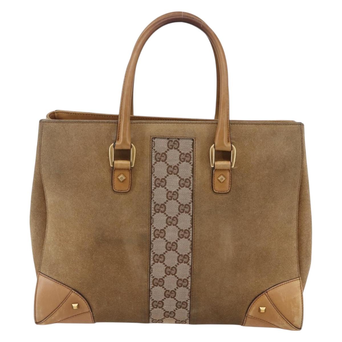 GUCCI GG Canvas Tote Bag Suede Beige Gold 120897 Auth 145158