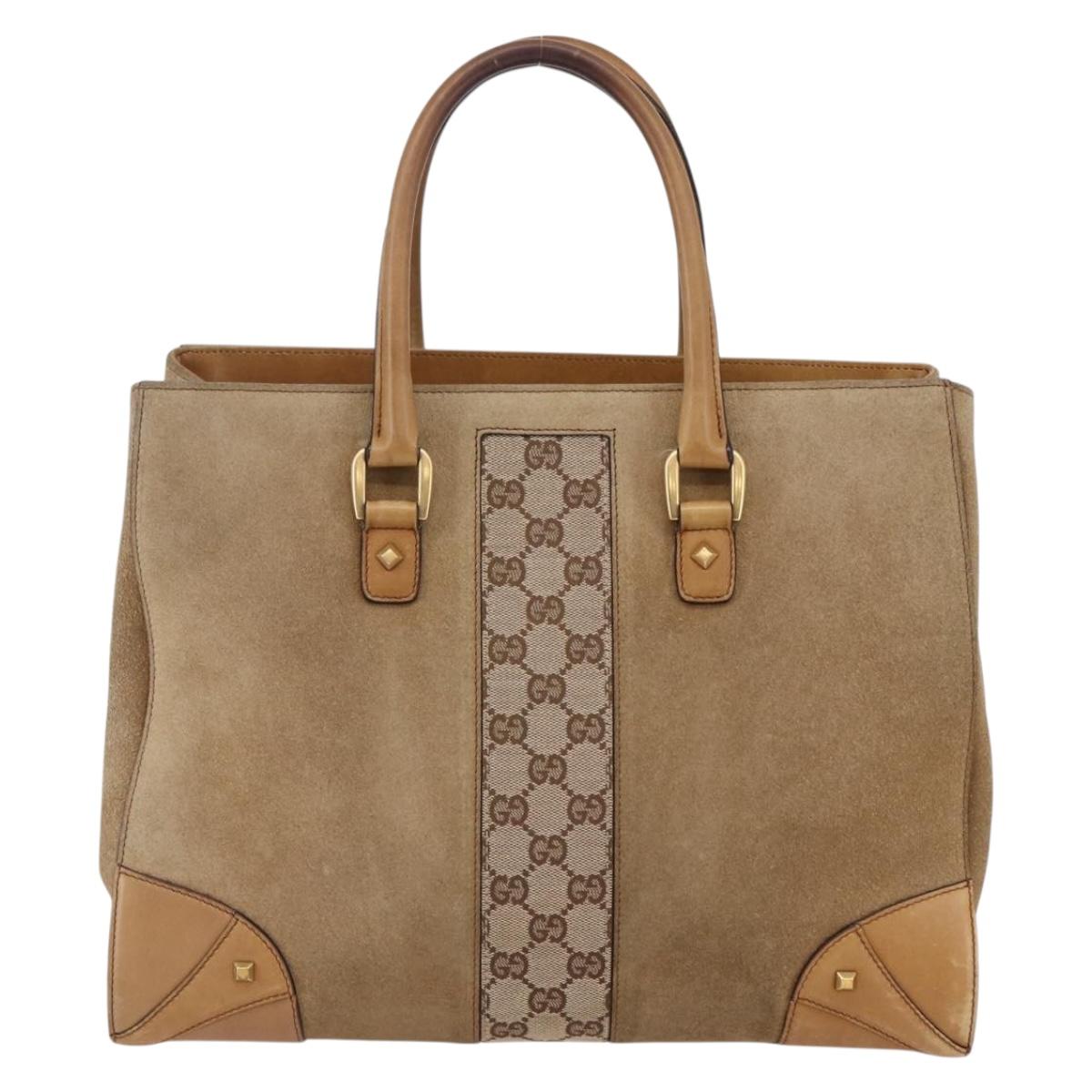 GUCCI GG Canvas Tote Bag Suede Beige Gold 120897 Auth 145158