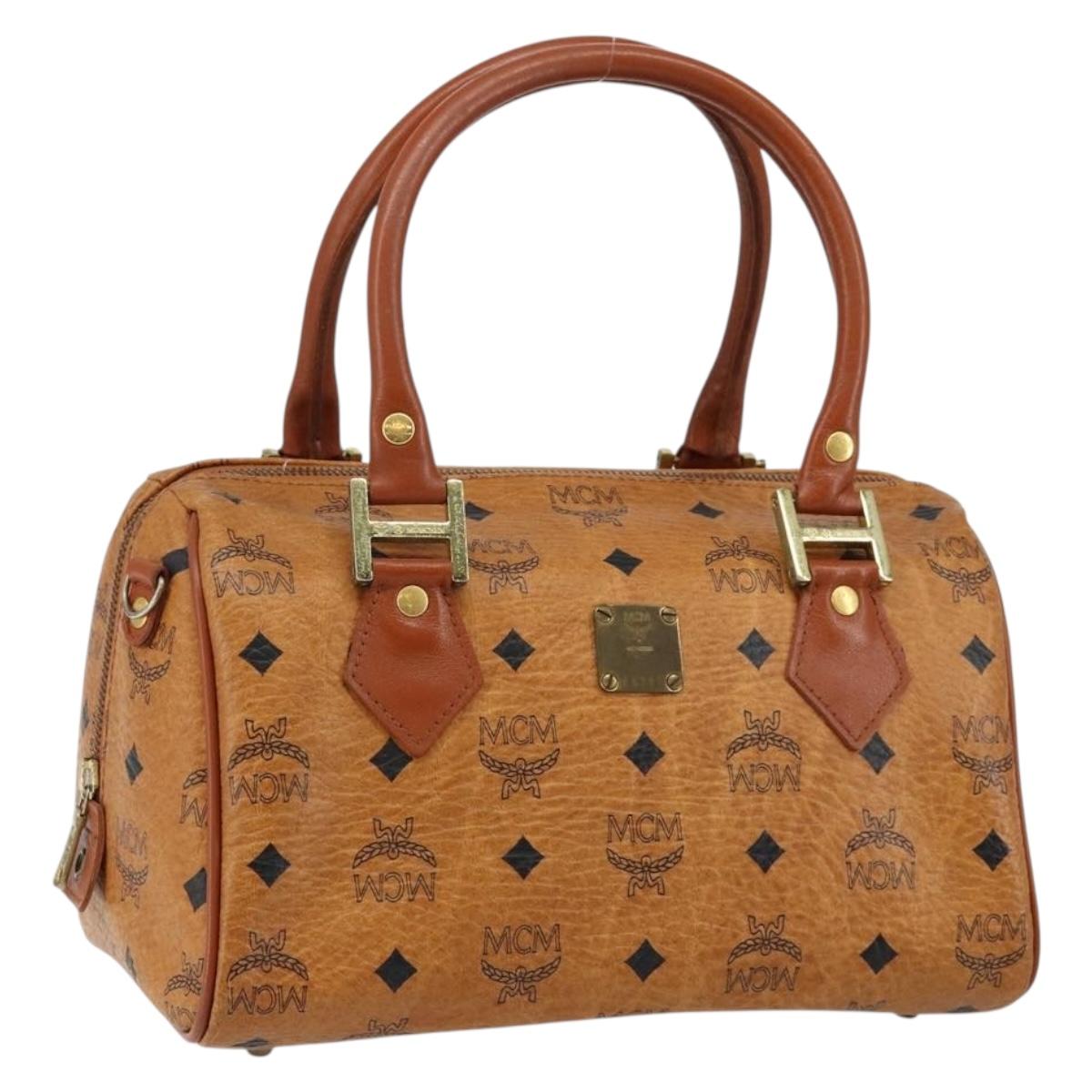 MCM Logogram Vicetos Boston Bag PVC Leather Brown Gold Auth 145190