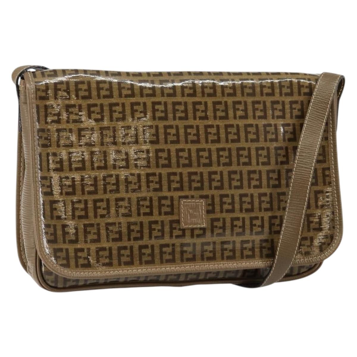 FENDI Zucchino Canvas Shoulder Bag Beige Gold Auth 145202
