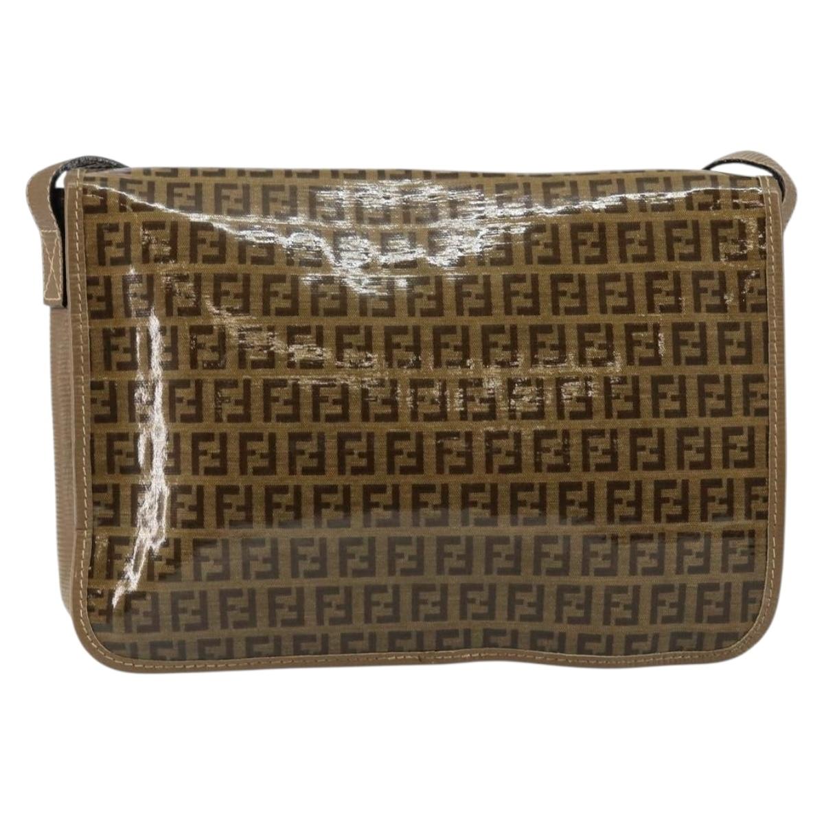 FENDI Zucchino Canvas Shoulder Bag Beige Gold Auth 145202