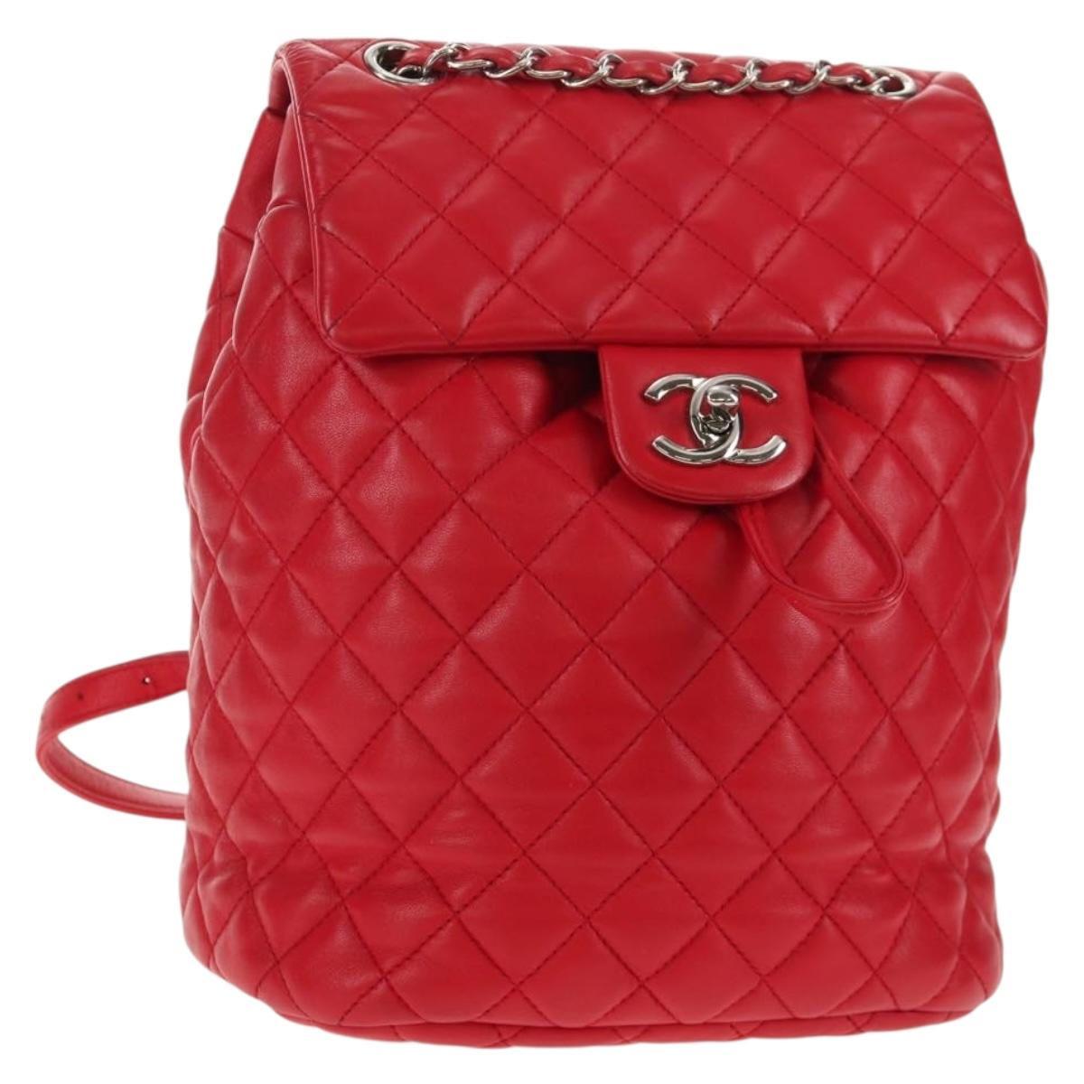 CHANEL Matelasse Backpack Lamb Skin Red Silver CC Auth 145253M