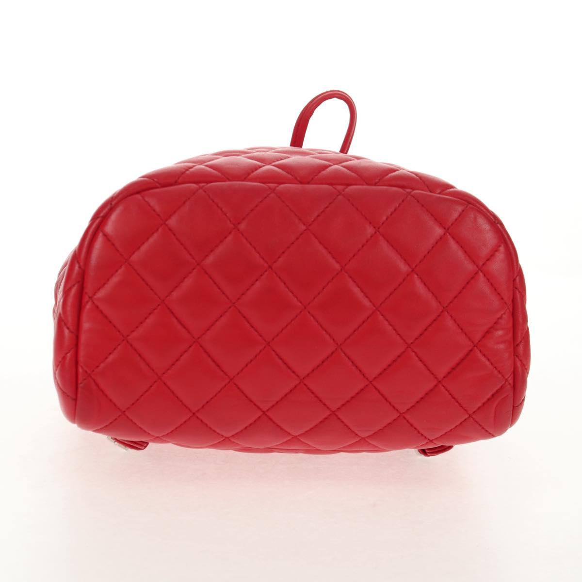 CHANEL Matelasse Backpack Lamb Skin Red Silver CC Auth 145253M