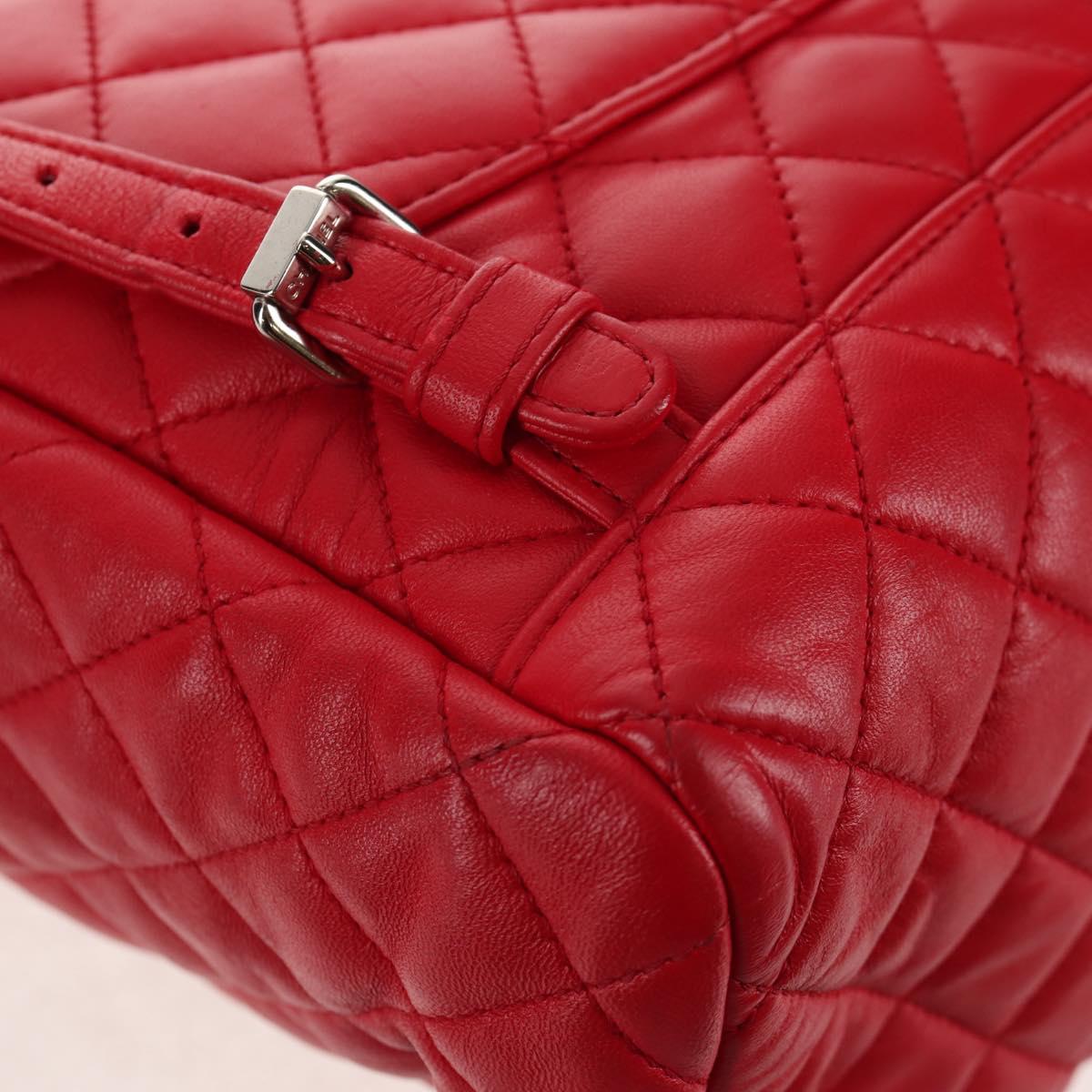 CHANEL Matelasse Backpack Lamb Skin Red Silver CC Auth 145253M