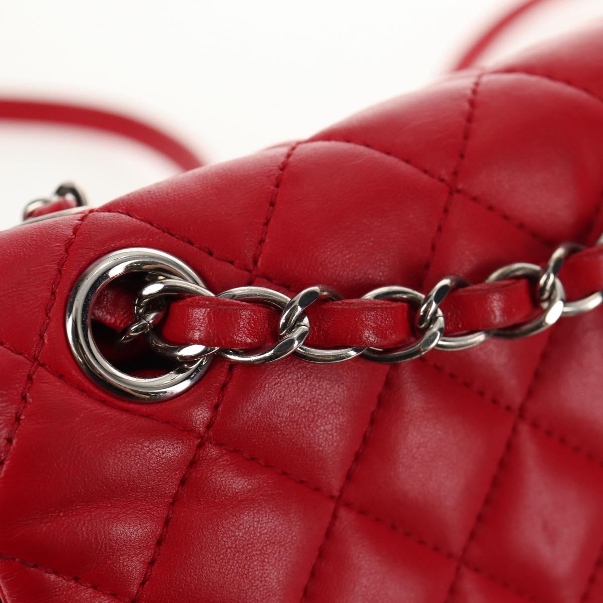 CHANEL Matelasse Backpack Lamb Skin Red Silver CC Auth 145253M