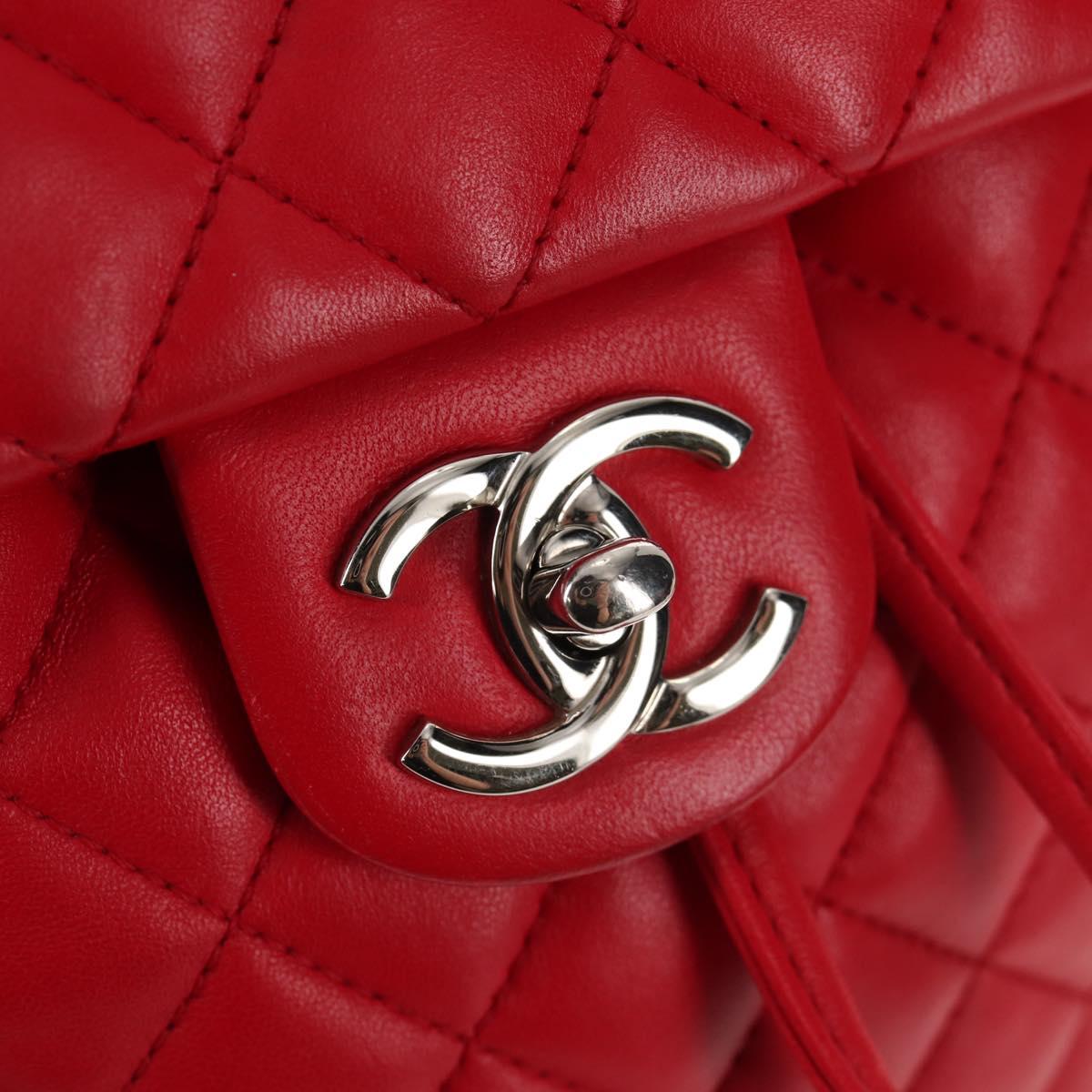 CHANEL Matelasse Backpack Lamb Skin Red Silver CC Auth 145253M