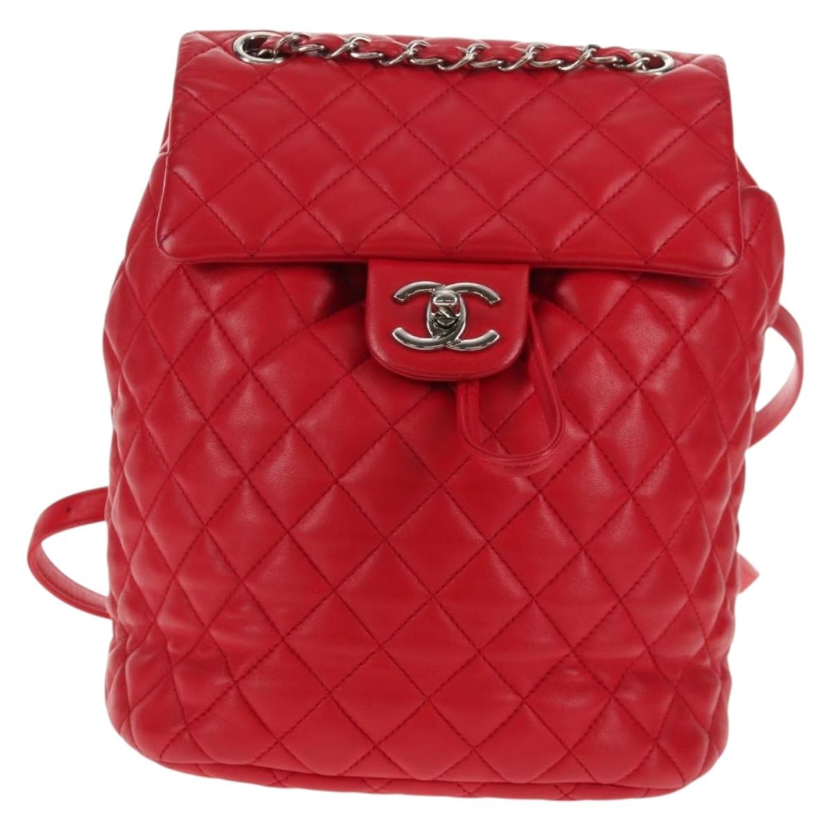 CHANEL Matelasse Backpack Lamb Skin Red Silver CC Auth 145253M