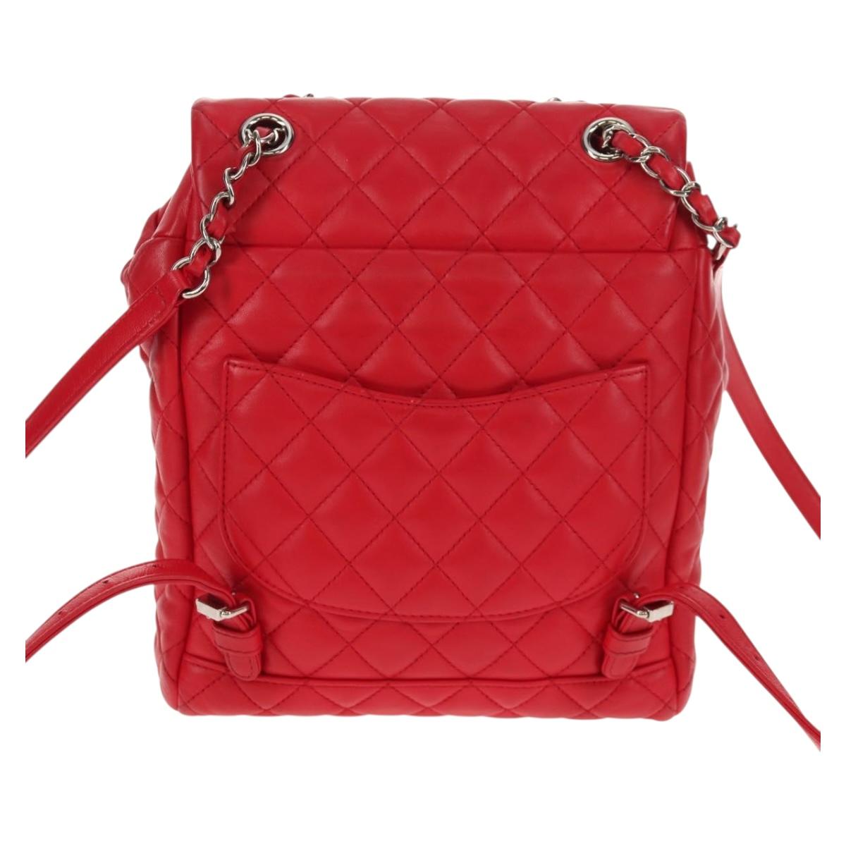 CHANEL Matelasse Backpack Lamb Skin Red Silver CC Auth 145253M