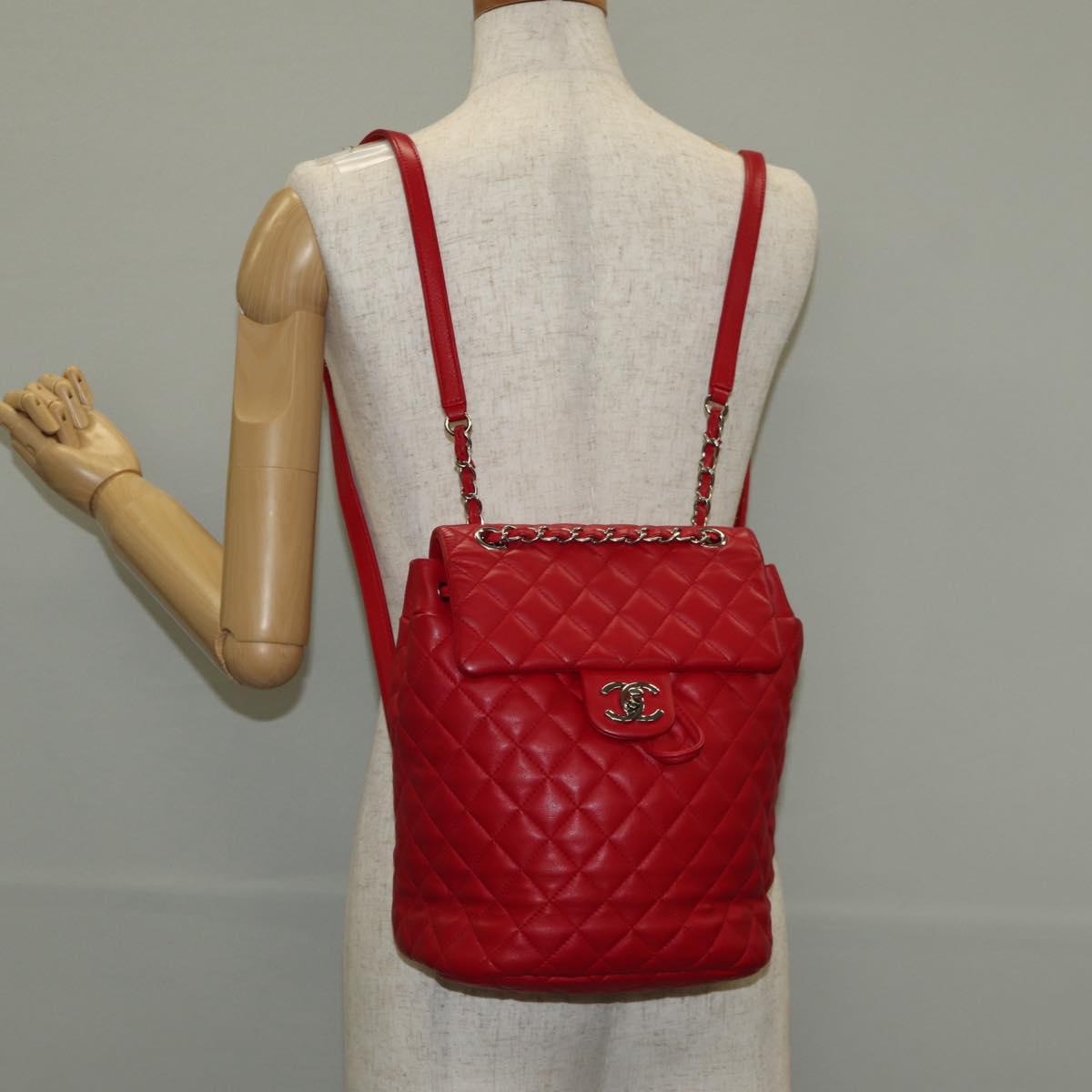 CHANEL Matelasse Backpack Lamb Skin Red Silver CC Auth 145253M