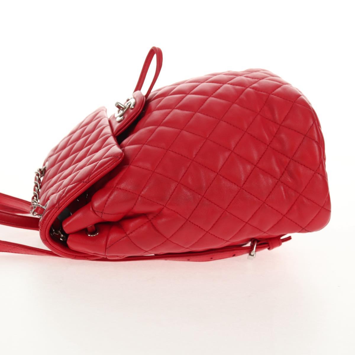 CHANEL Matelasse Backpack Lamb Skin Red Silver CC Auth 145253M