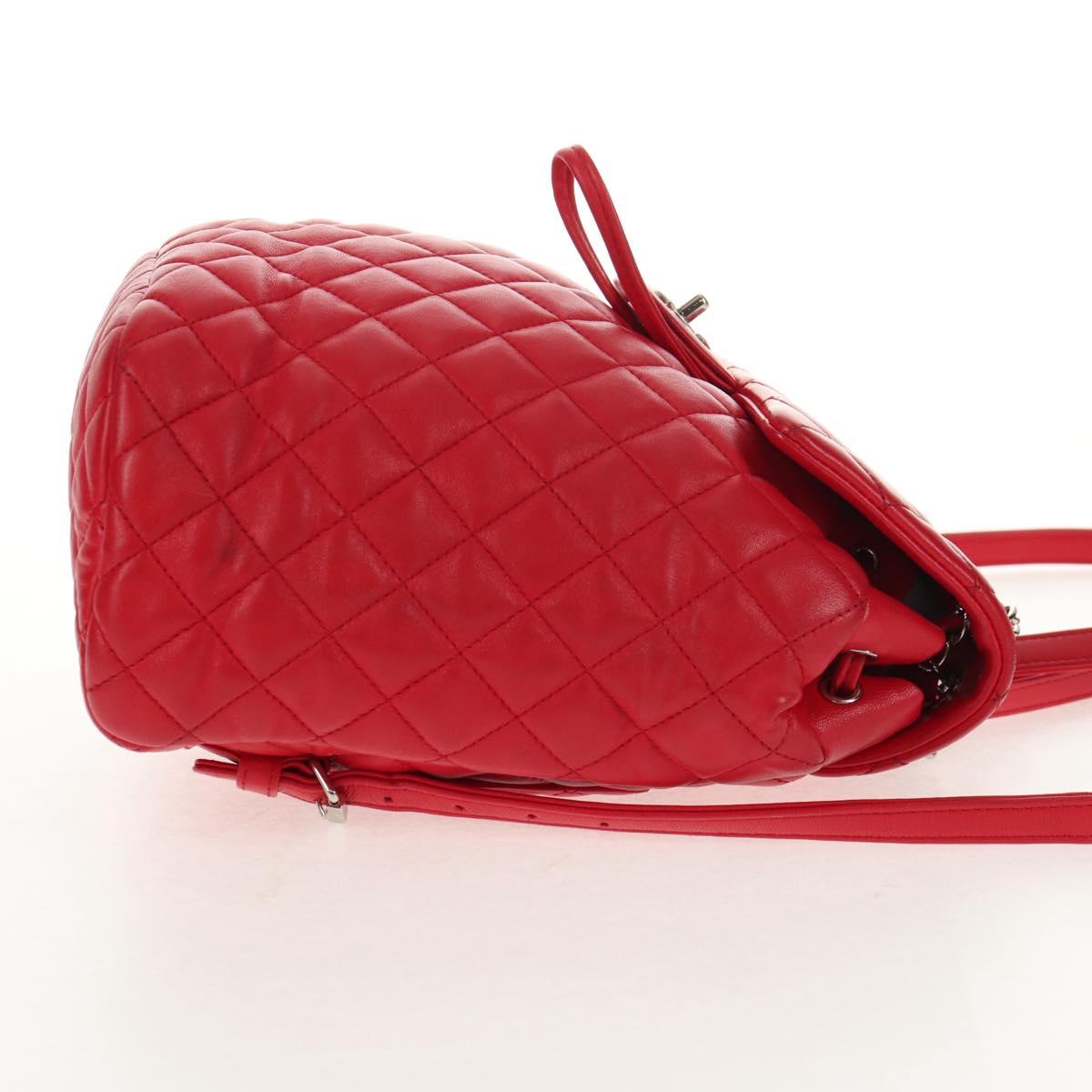 CHANEL Matelasse Backpack Lamb Skin Red Silver CC Auth 145253M