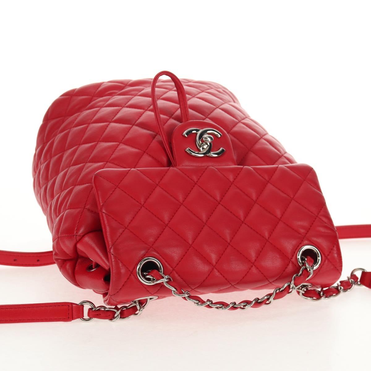 CHANEL Matelasse Backpack Lamb Skin Red Silver CC Auth 145253M