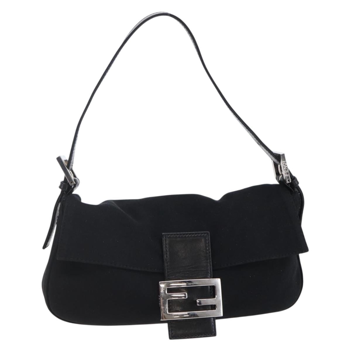 FENDI Mamma Baguette Shoulder Bag Nylon Black Silver Auth 145255