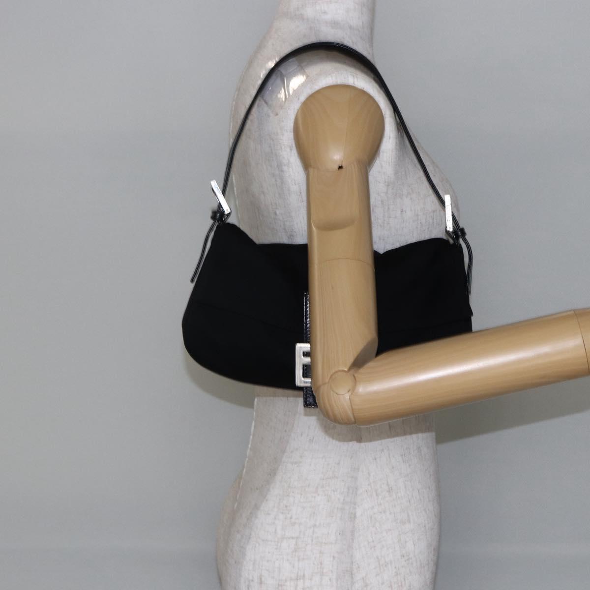 FENDI Mamma Baguette Shoulder Bag Nylon Black Silver Auth 145255