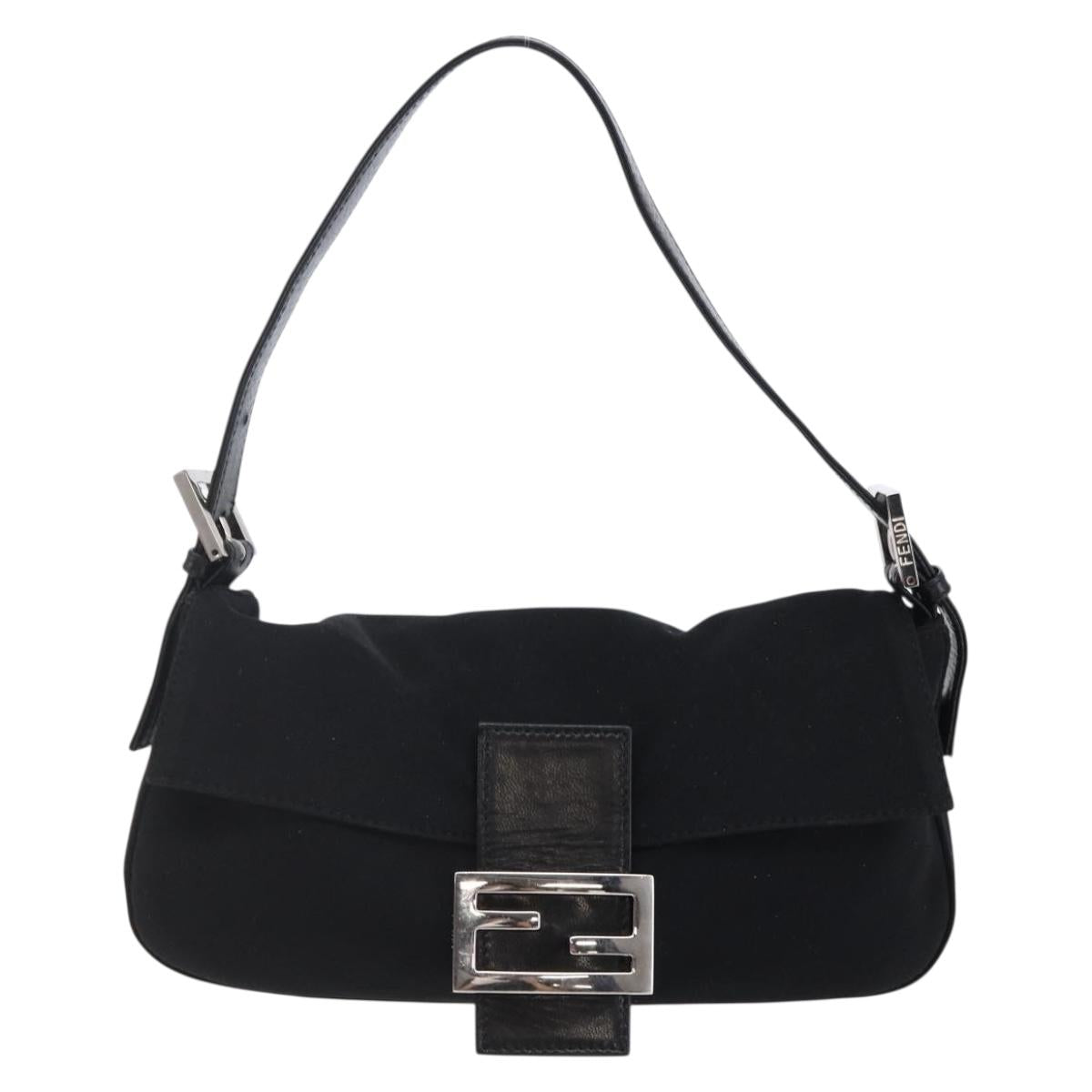 FENDI Mamma Baguette Shoulder Bag Nylon Black Silver Auth 145255