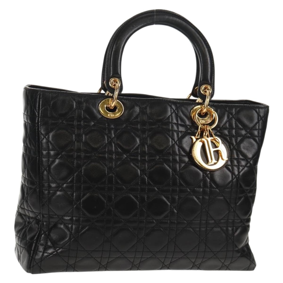 Christian Dior Lady Dior Canage Hand Bag Leather Black Gold Auth 145260A