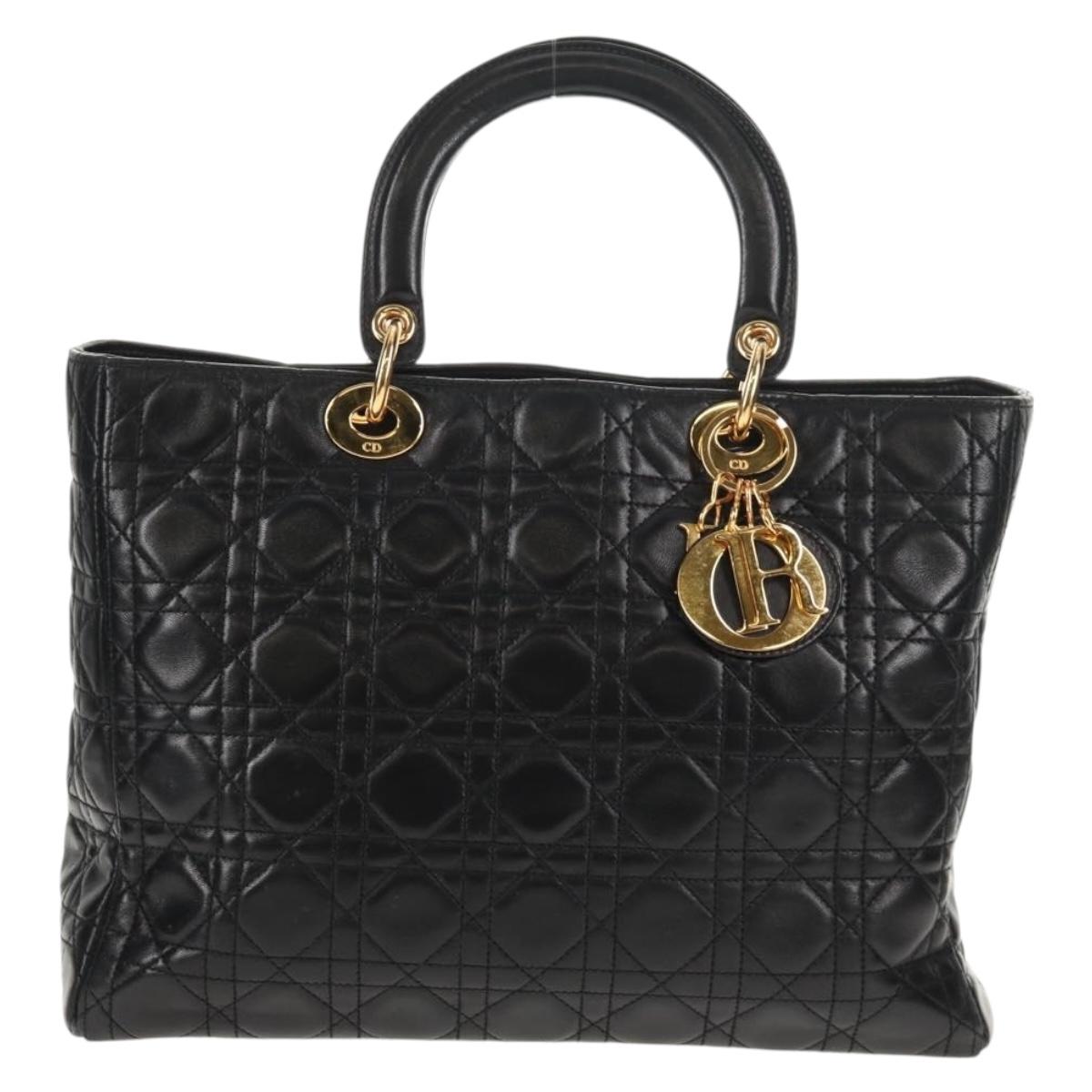 Christian Dior Lady Dior Canage Hand Bag Leather Black Gold Auth 145260A