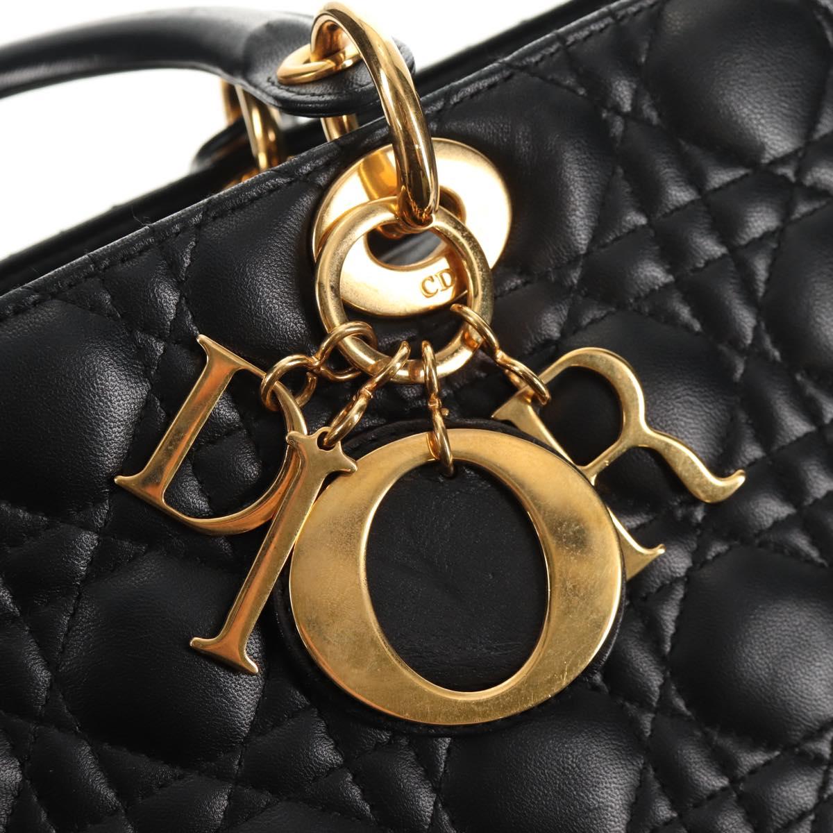 Christian Dior Lady Dior Canage Hand Bag Leather 2way Black Gold Auth 145261A