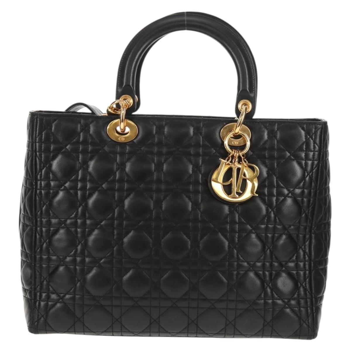 Christian Dior Lady Dior Canage Hand Bag Leather 2way Black Gold Auth 145261A