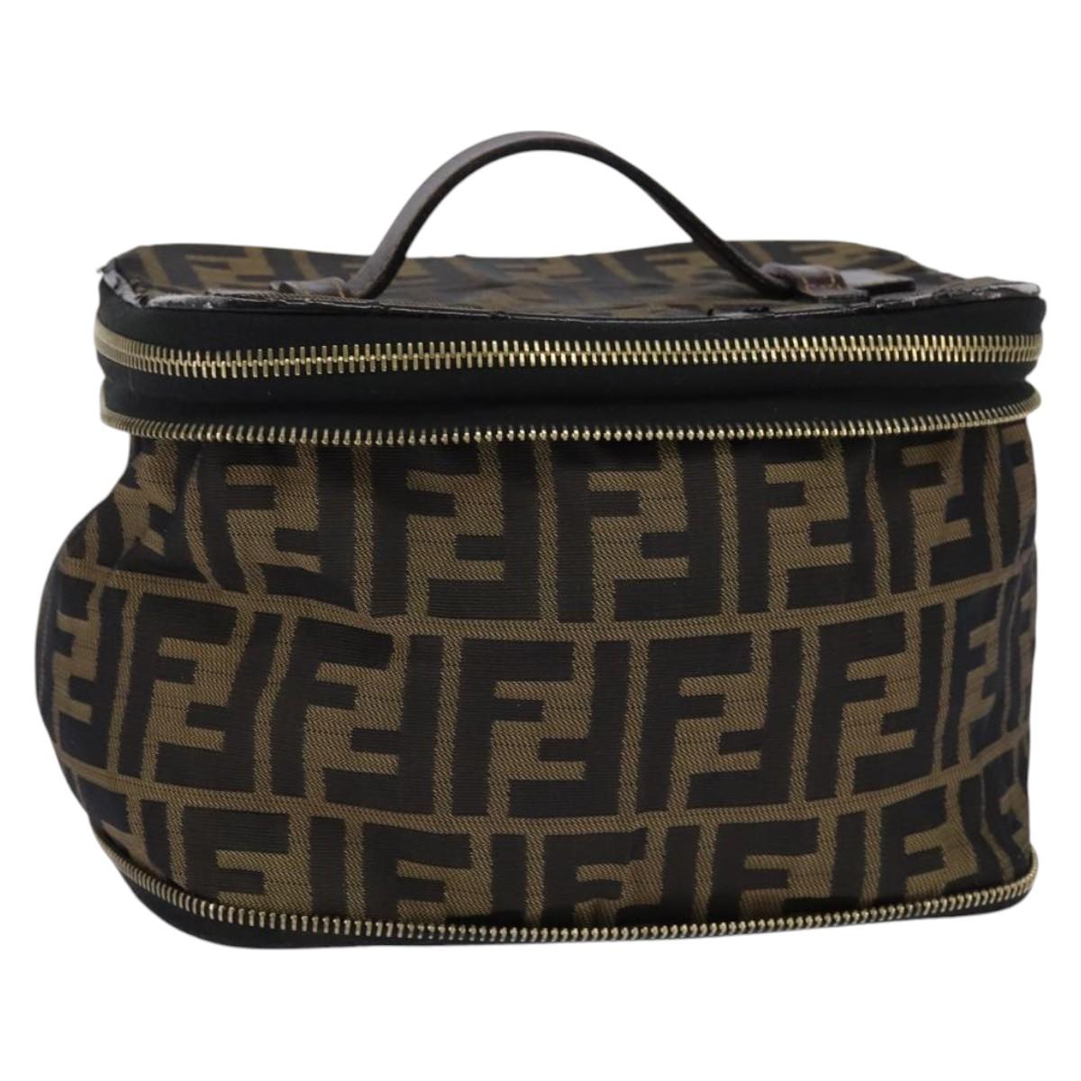 FENDI Zucca Canvas Vanity Pouch Black Brown gold Auth 145319