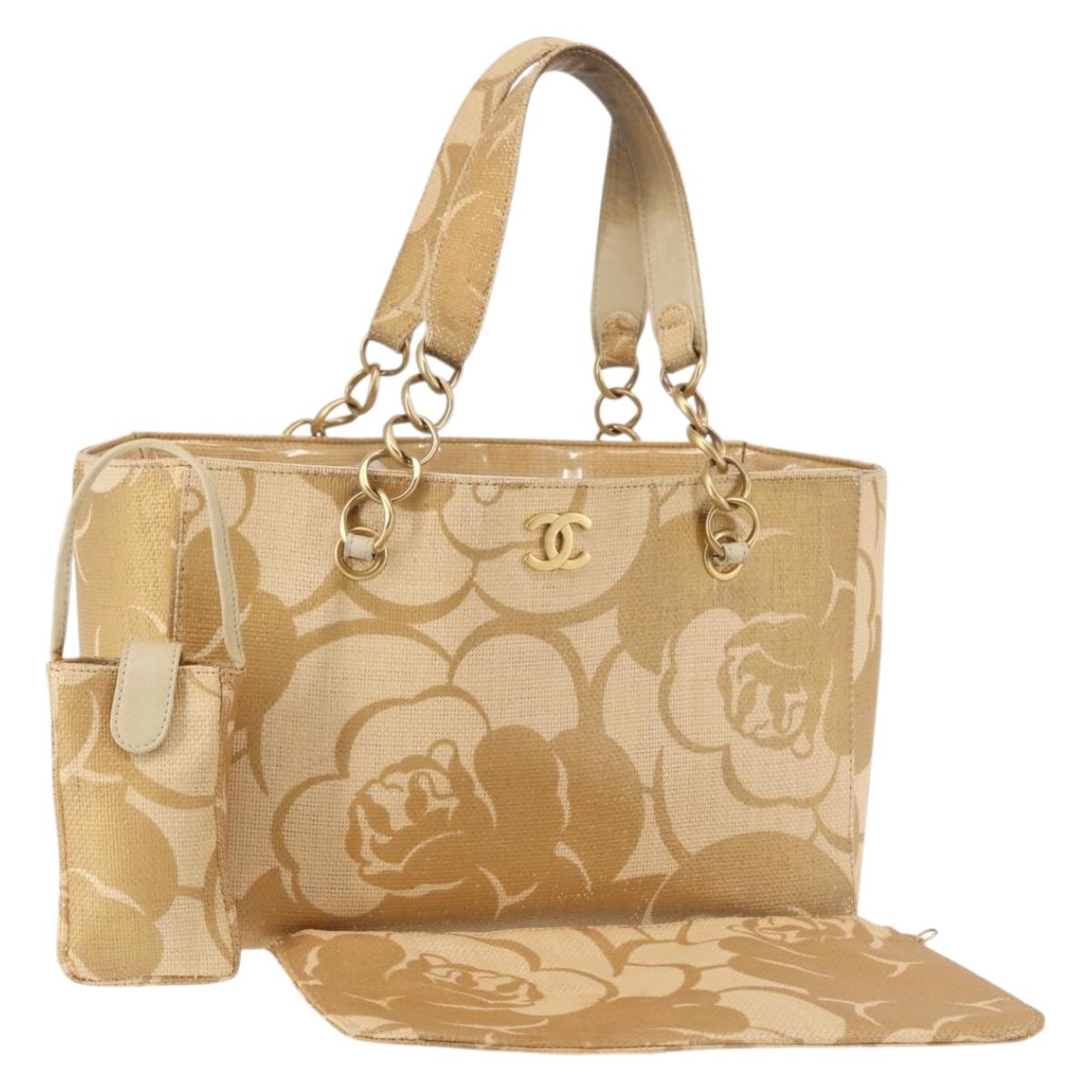 CHANEL Camelia Tote Bag Raffia Beige Gold CC Auth 145323