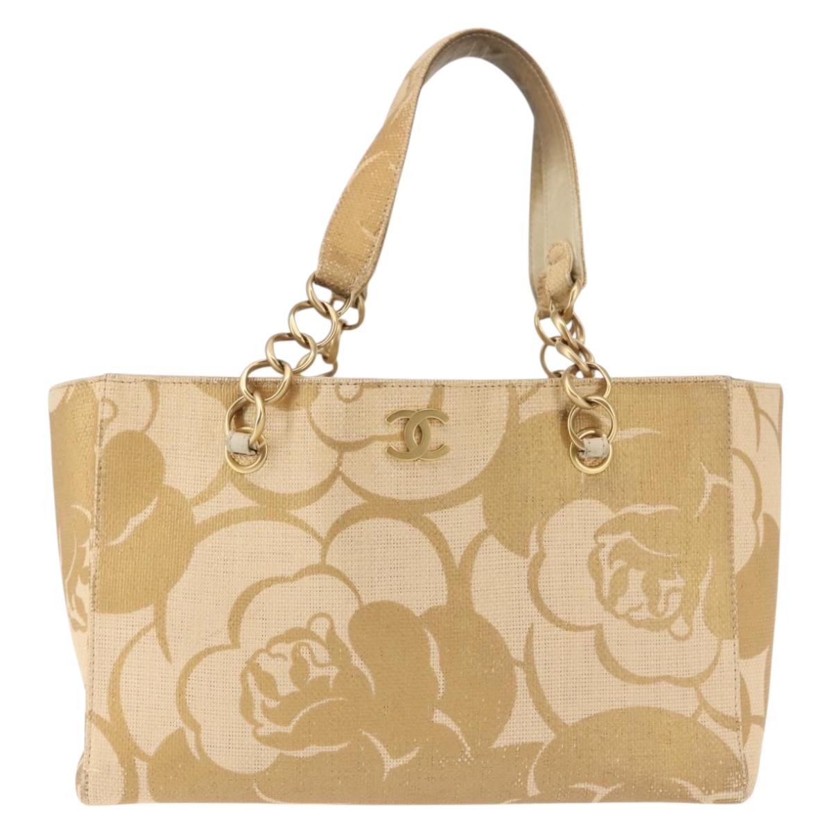 CHANEL Camelia Tote Bag Raffia Beige Gold CC Auth 145323