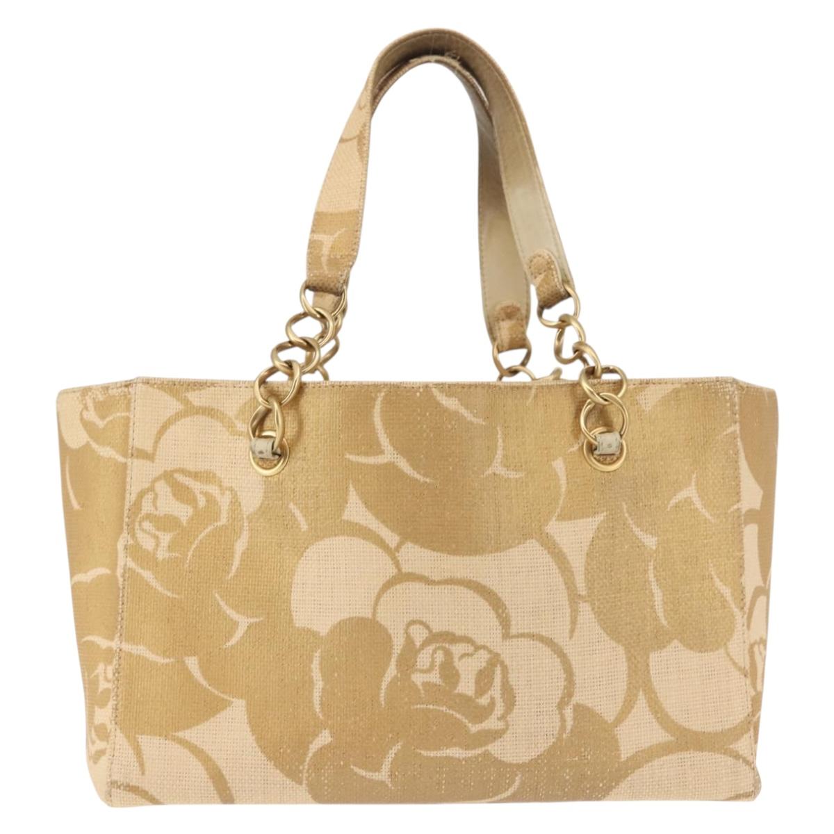 CHANEL Camelia Tote Bag Raffia Beige Gold CC Auth 145323