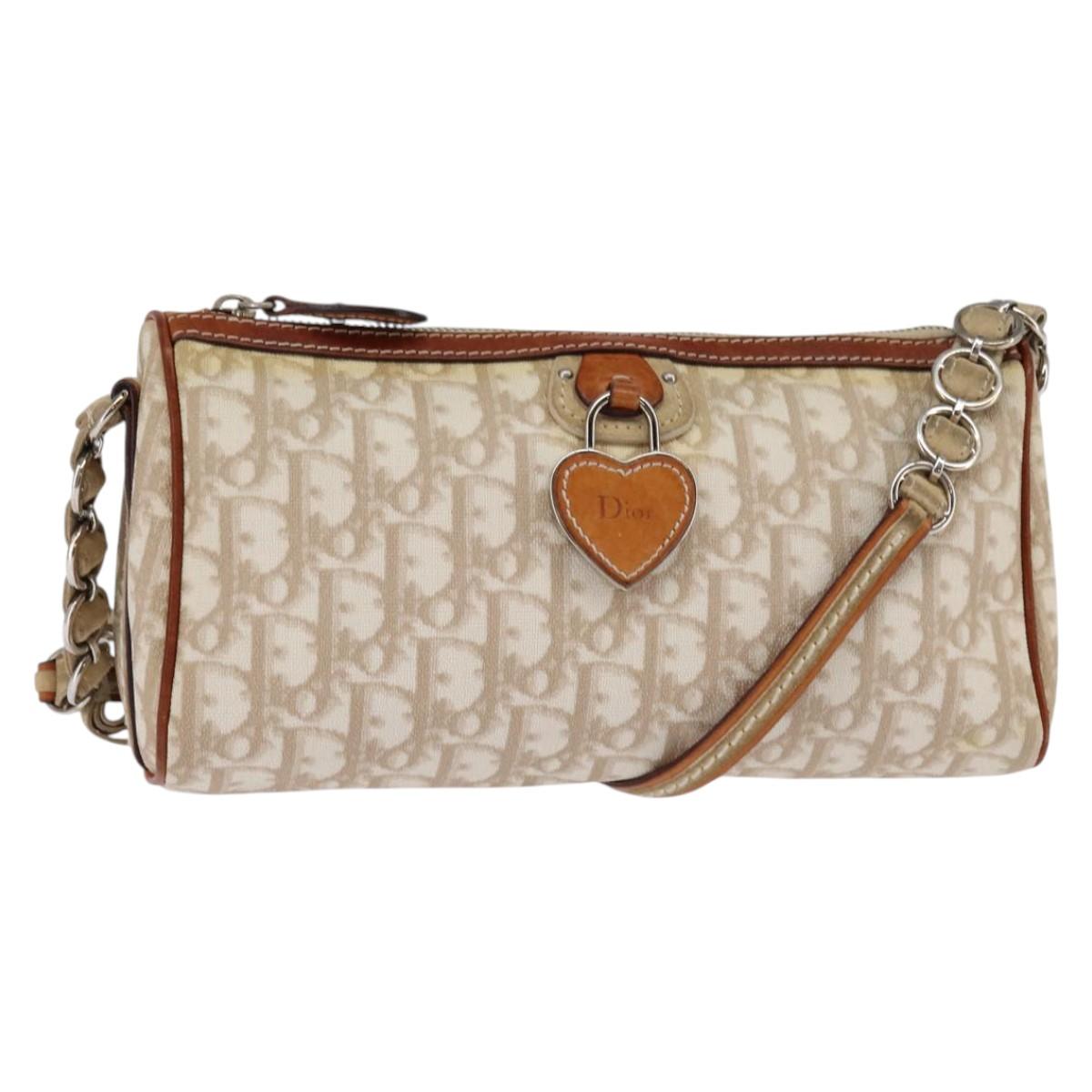 Christian Dior Trotter Canvas Romantic Shoulder Bag PVC Beige Silver Auth 145325A