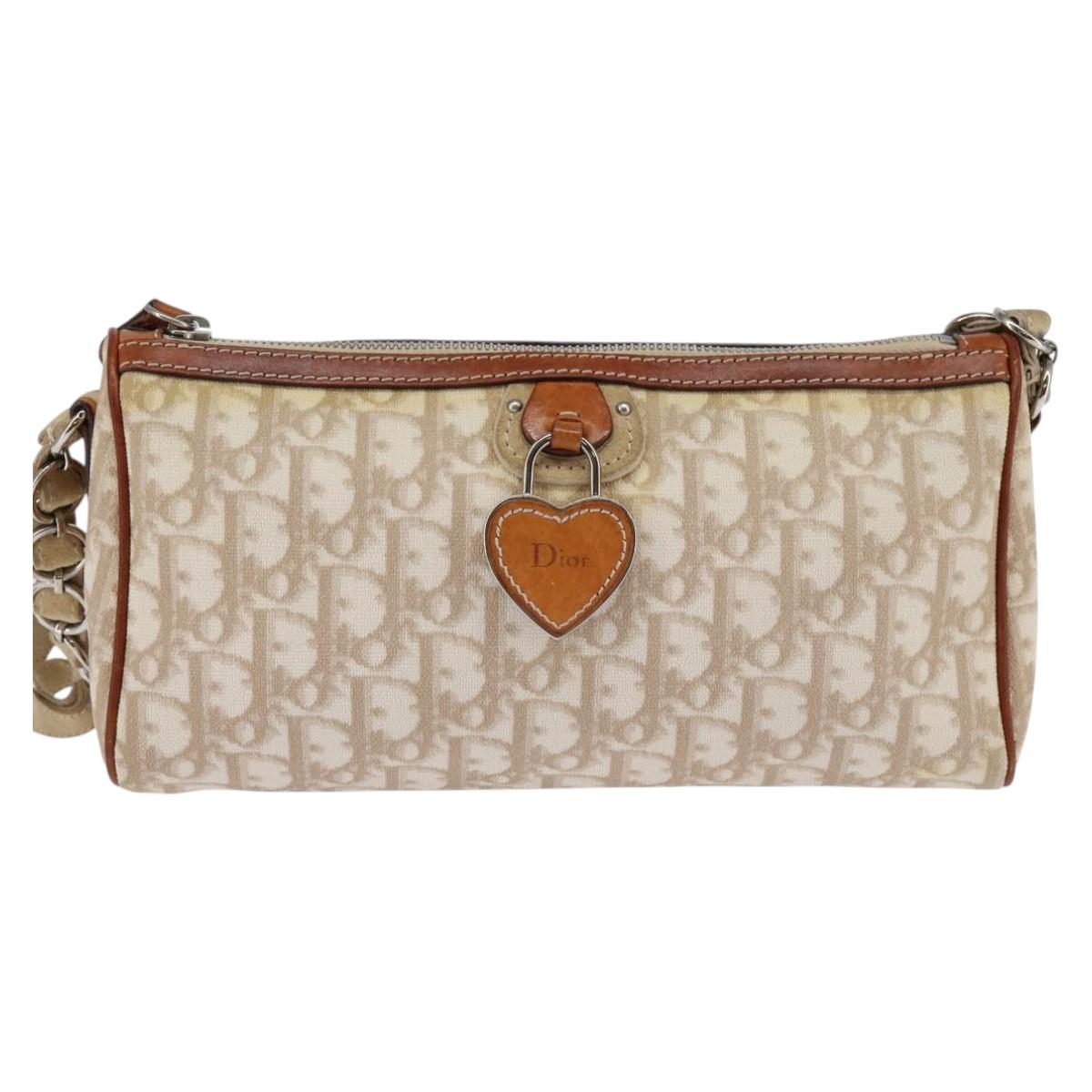 Christian Dior Trotter Canvas Romantic Shoulder Bag PVC Beige Silver Auth 145325A