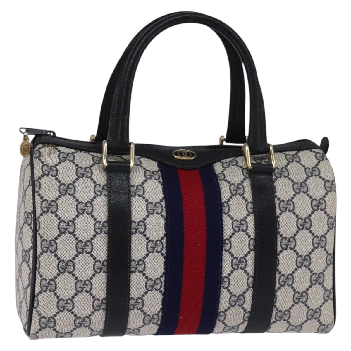 GUCCI GG Supreme Sherry Line Boston Bag PVC Navy Gold 40 3841 Auth 145327