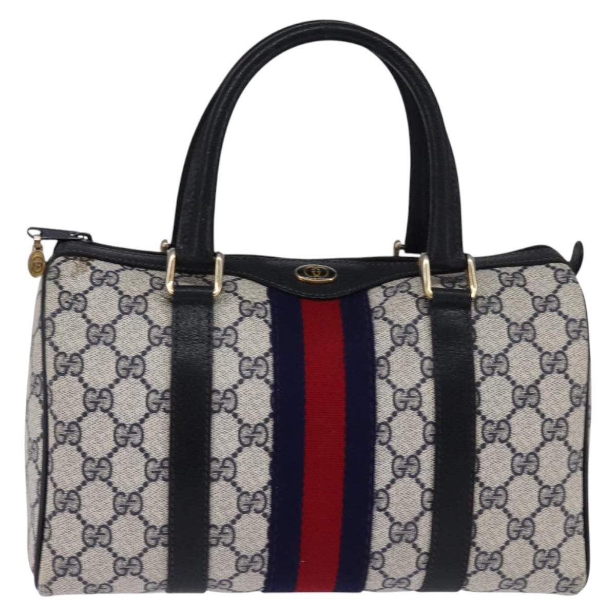 GUCCI GG Supreme Sherry Line Boston Bag PVC Navy Gold 40 3841 Auth 145327