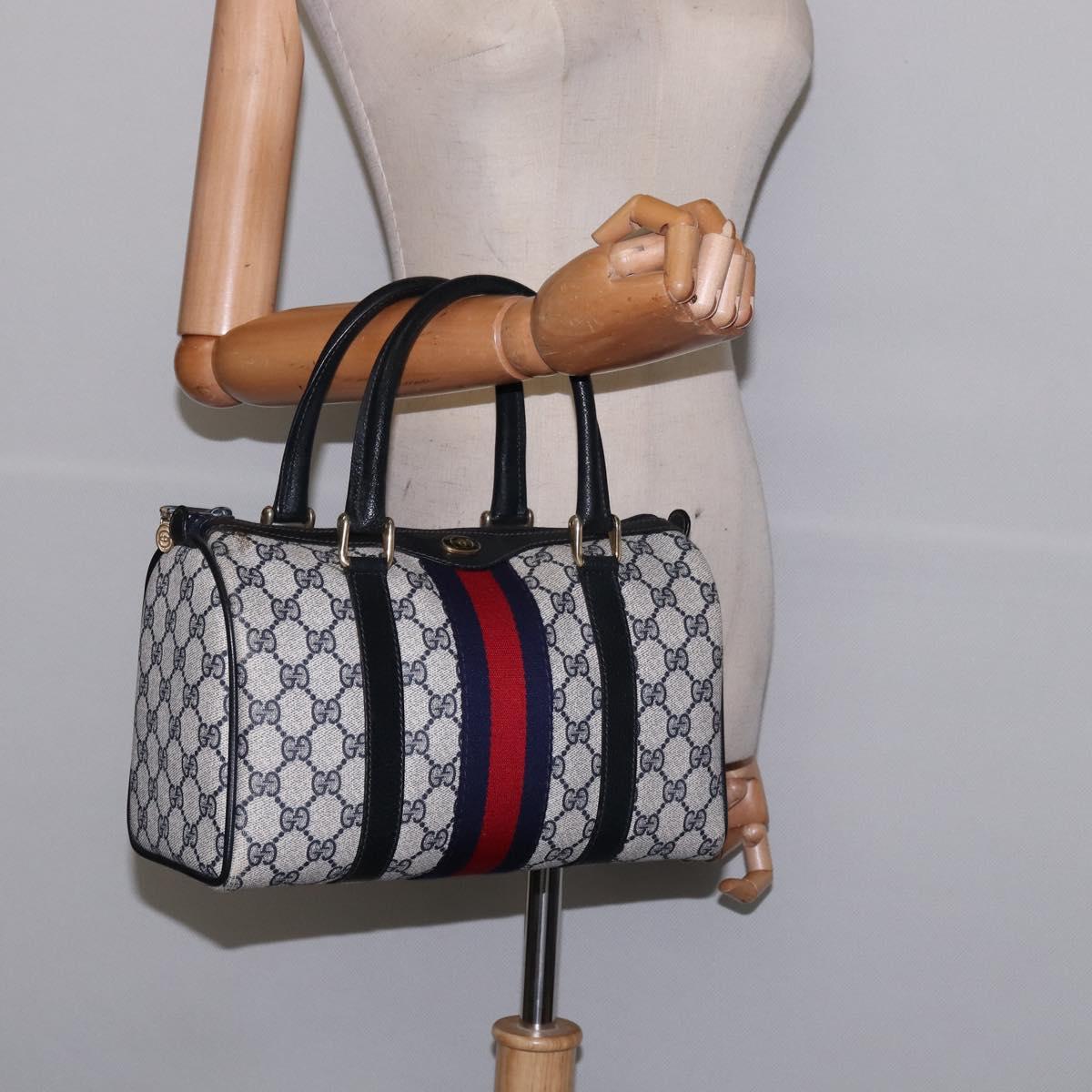 GUCCI GG Supreme Sherry Line Boston Bag PVC Navy Gold 40 3841 Auth 145327