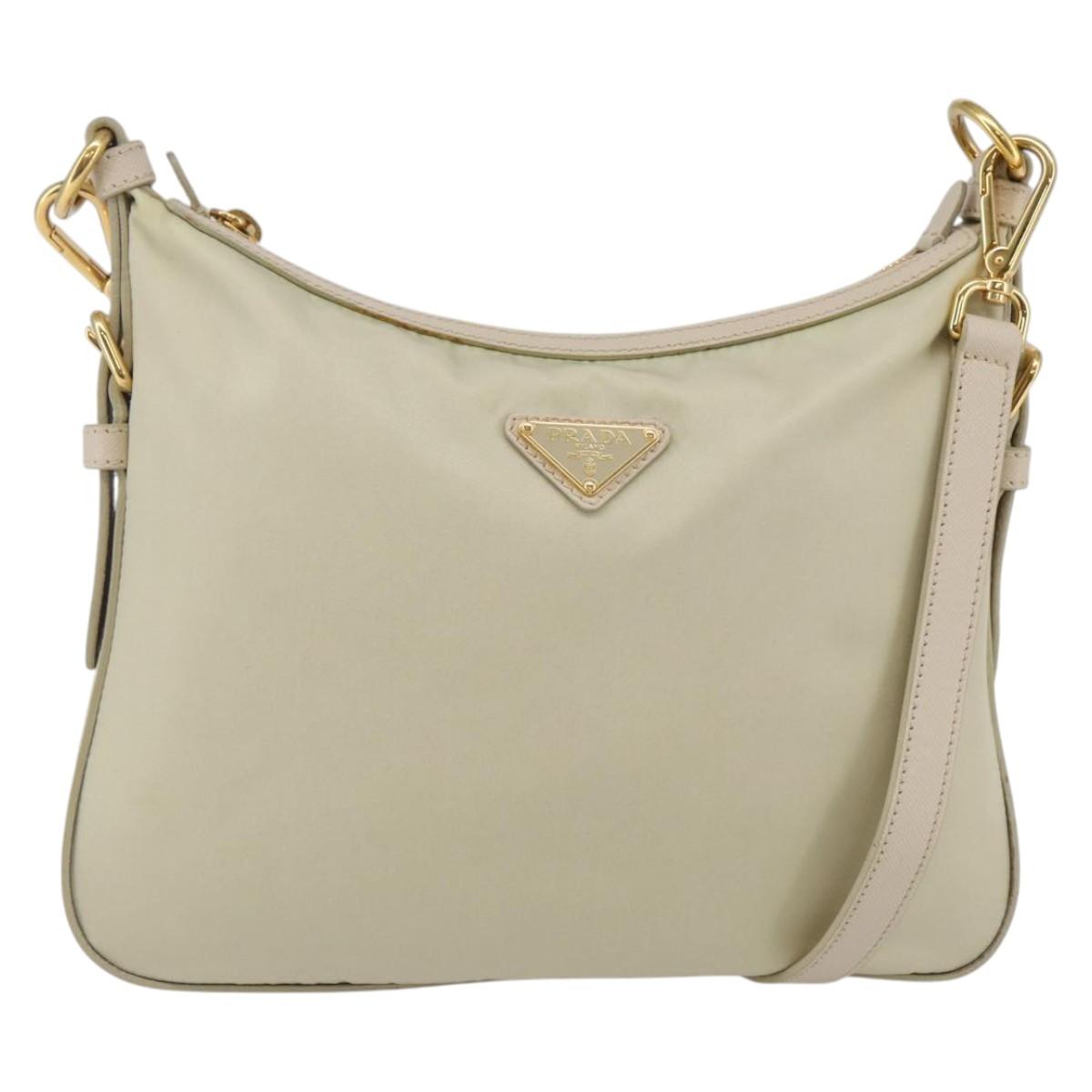 PRADA Shoulder Bag Nylon Leather Beige Gold Auth 145330